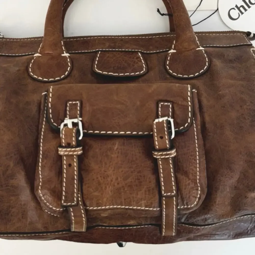 Chloe Edith Tote Bag Top Handle in Brown Nubuck Leather Made in Italy Authentic